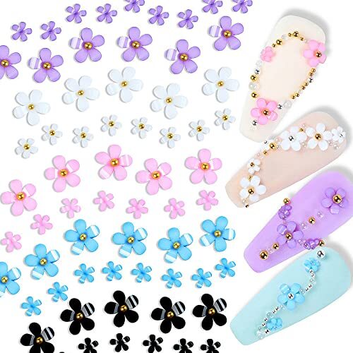 3D Colorful Flower Nail Charms White Pink Blue Purple Black Flowers Acrylic