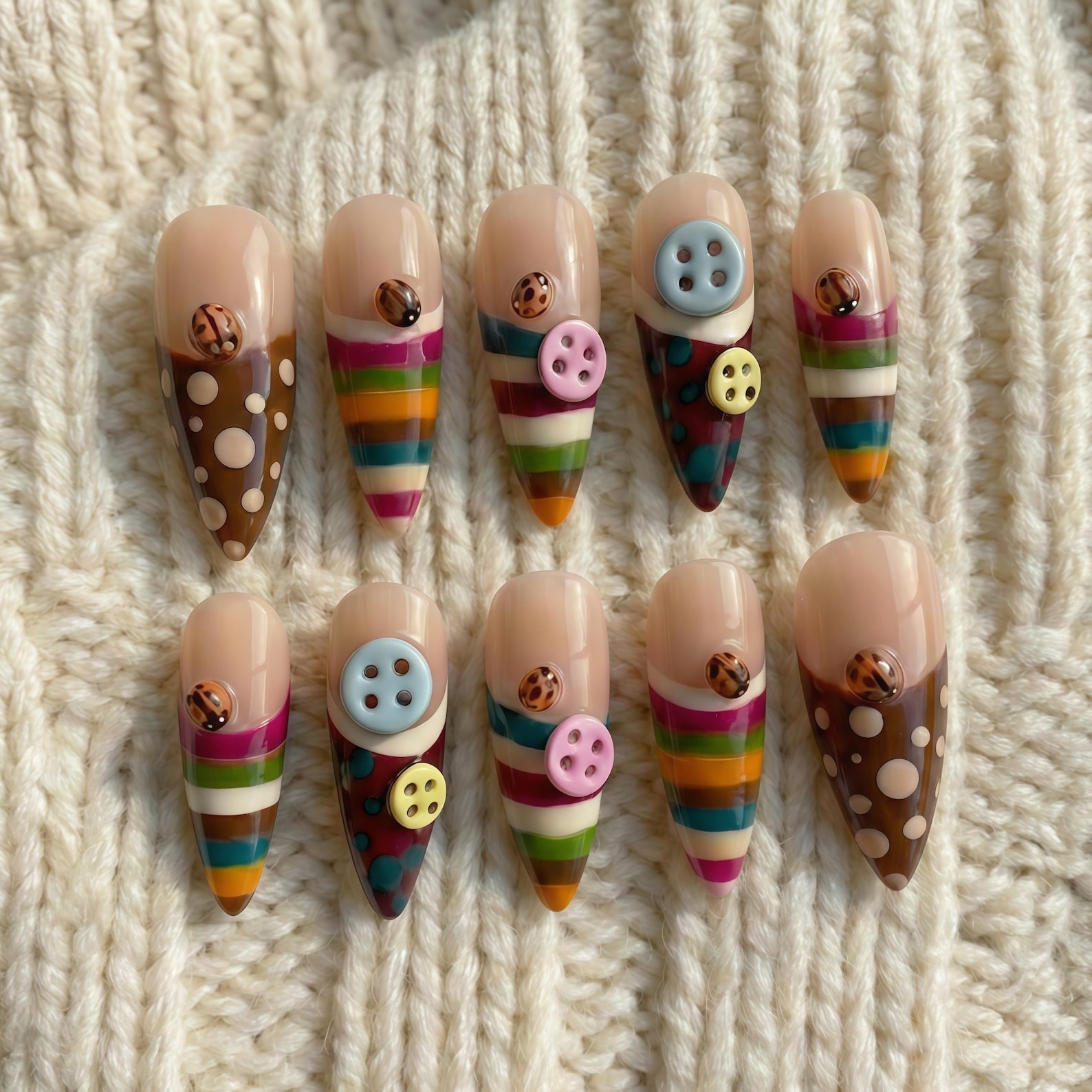 Handmade Retro Rainbow Stripe Polka Dot Colorful Button Almond Press on Nails