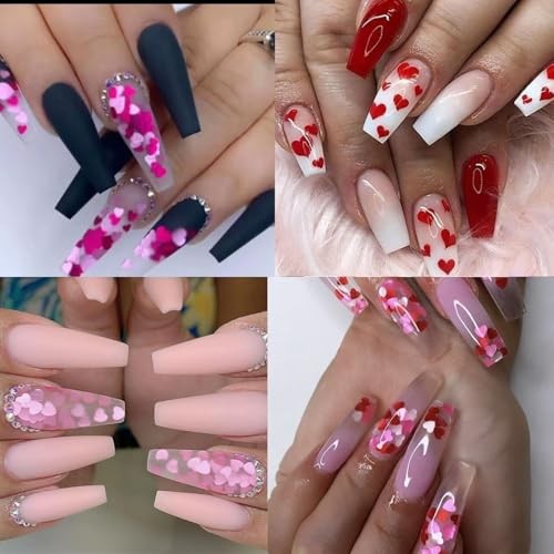 6 Grids Valentines Nail Art Glitter Sequins 3D Red Pink Purple Heart