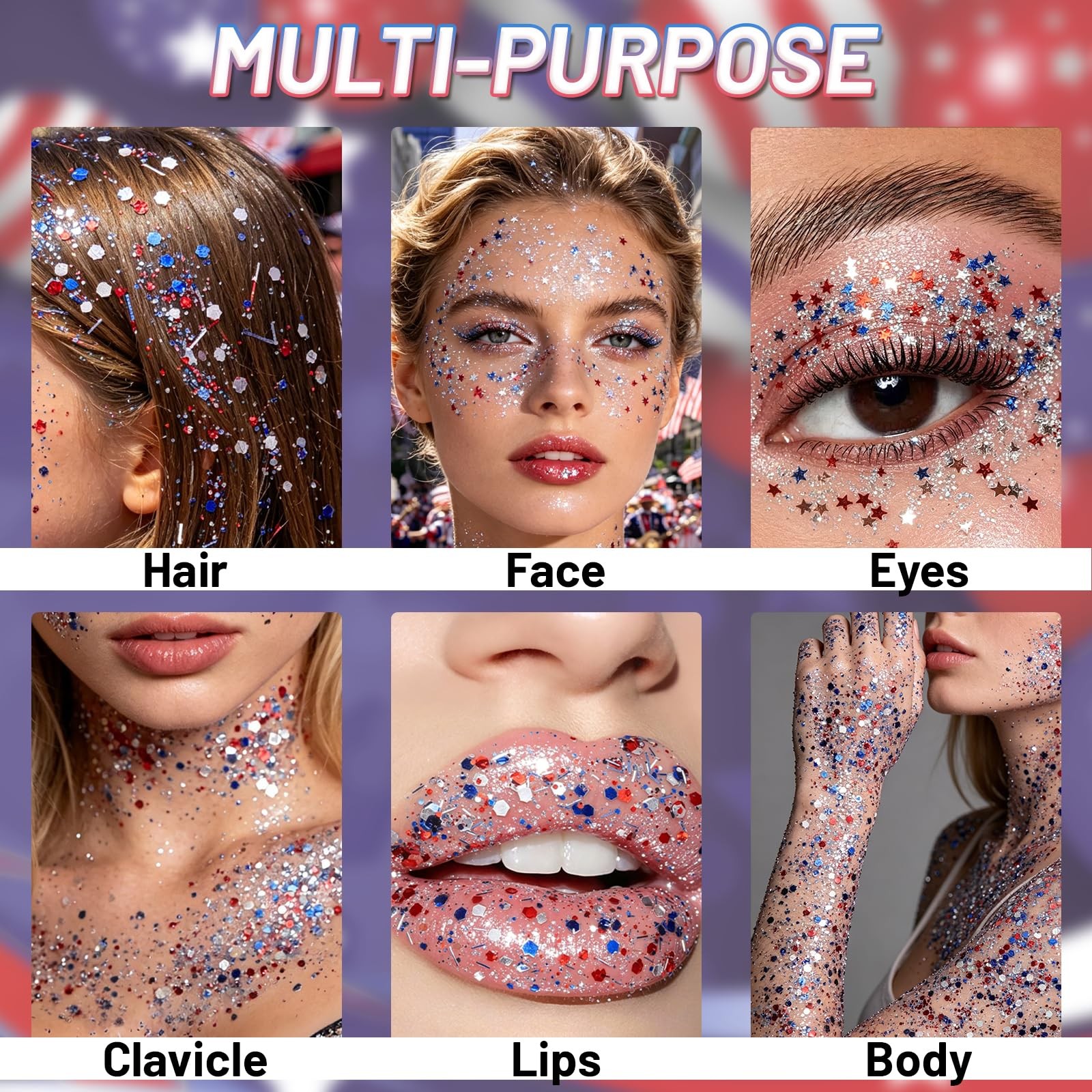 Flag Star Glitter , Red White Blue Star for Body Hair, Patriotic Pride USA Fl…