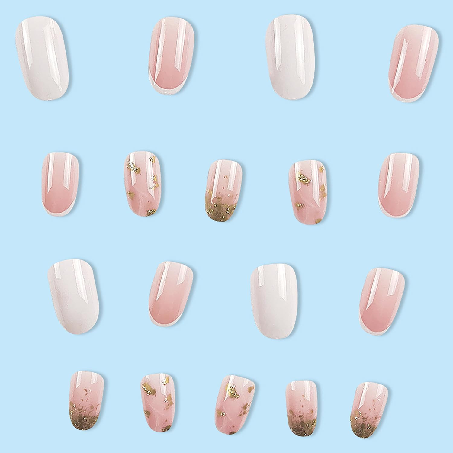 French Tip Press on Nails Short round Head Almond Fake Nails with Gold Foil D…