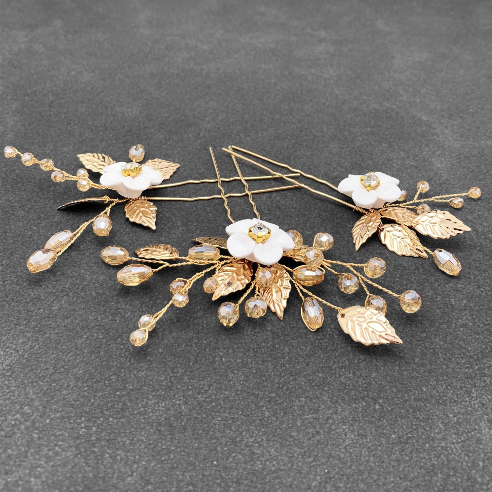 PRETTYLIFE White Flower Hair Pins Bridal Wedding 3 Count (Pack of 1), B Gold