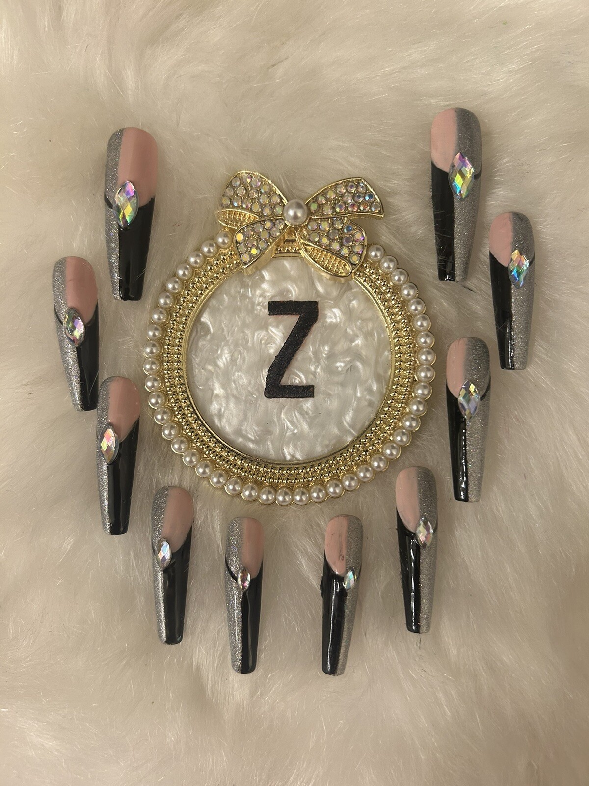 Z NAILZ! Gorgeous Set Of Handmade Black/Pink/Silver 2XL Square Press On Nails