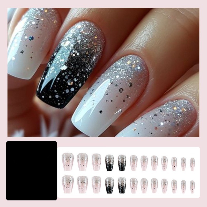 48pcs-Elegant Black & Silver Nails, Press on Coffin with Sparkly Ombre Effect