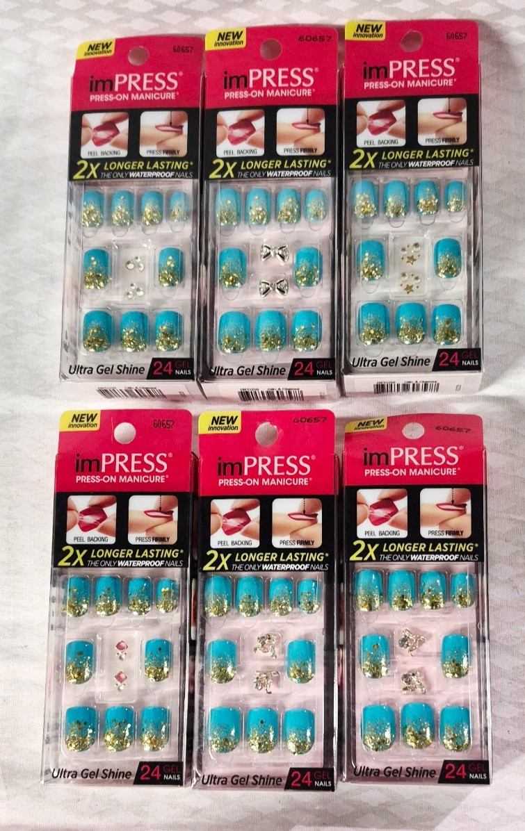 6 Kiss Impress Press-On 24 Nails GLITZ & GLAMOUR Light Blue Gold Glitter