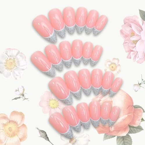 24Pcs Silver French Tips Press on Nails Medium Almond Fake Nails with french-3