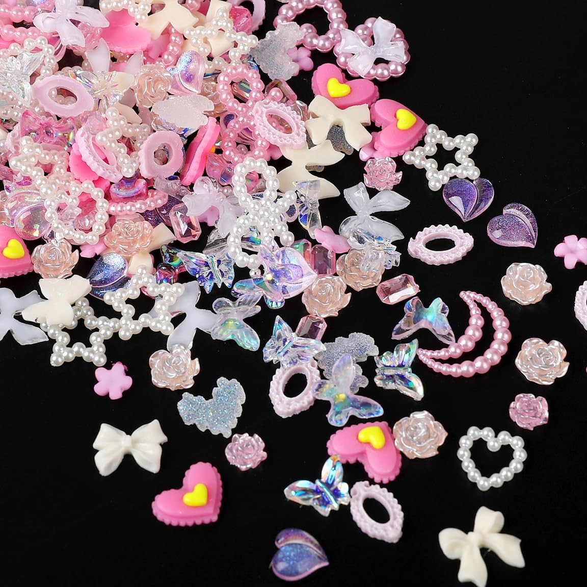 110pcs Assorted Pearls 3D Nail Charms, Pink Multi Shapes Heart Flower Bowknot…