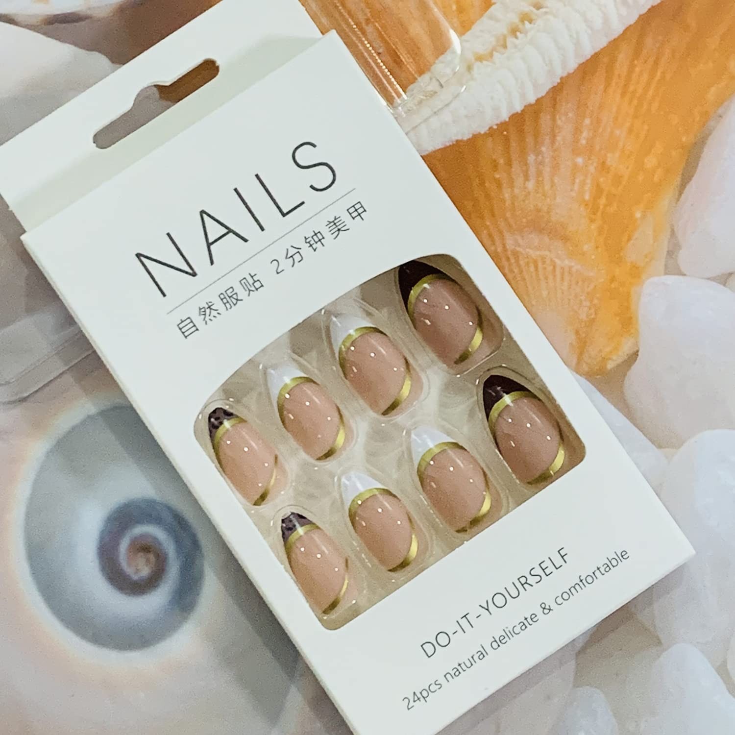 Press on Nails Pointed Medium Length, 24 Pcs Natural Glossy Full Cover Reusab…