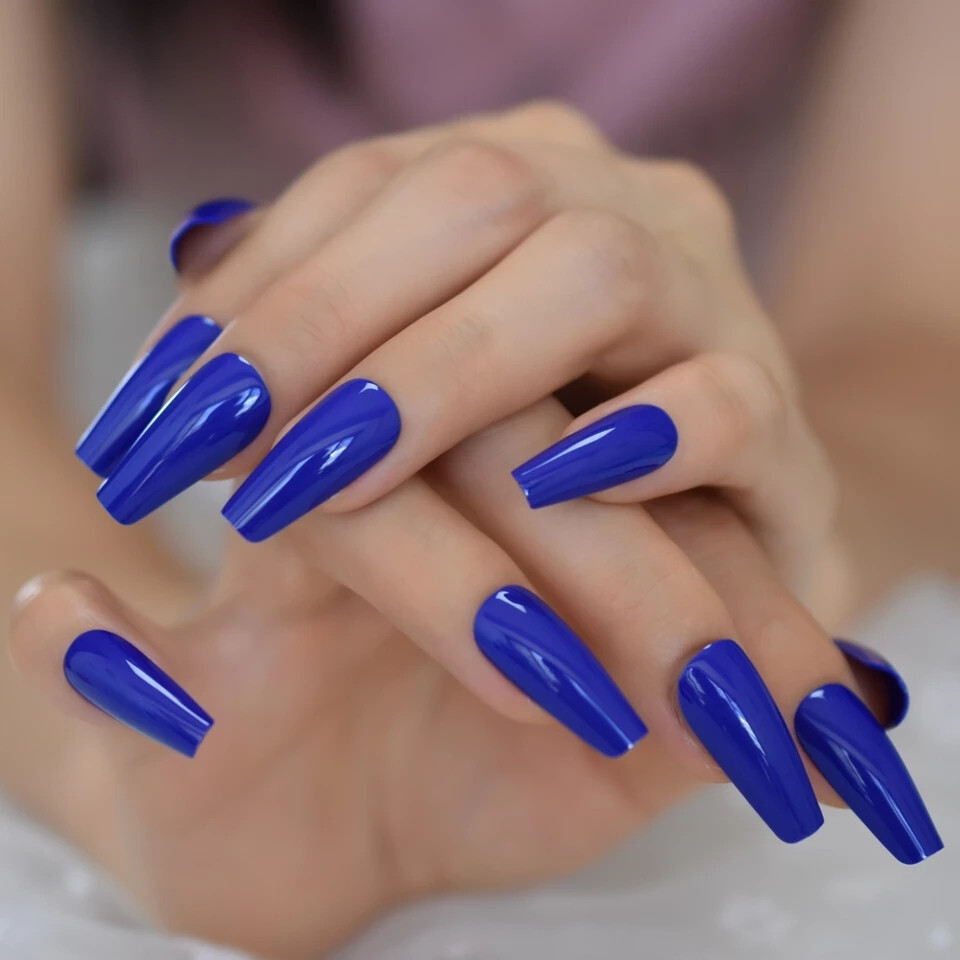 24 Press on nails kit w glue Long sapphire blue royal glossy
