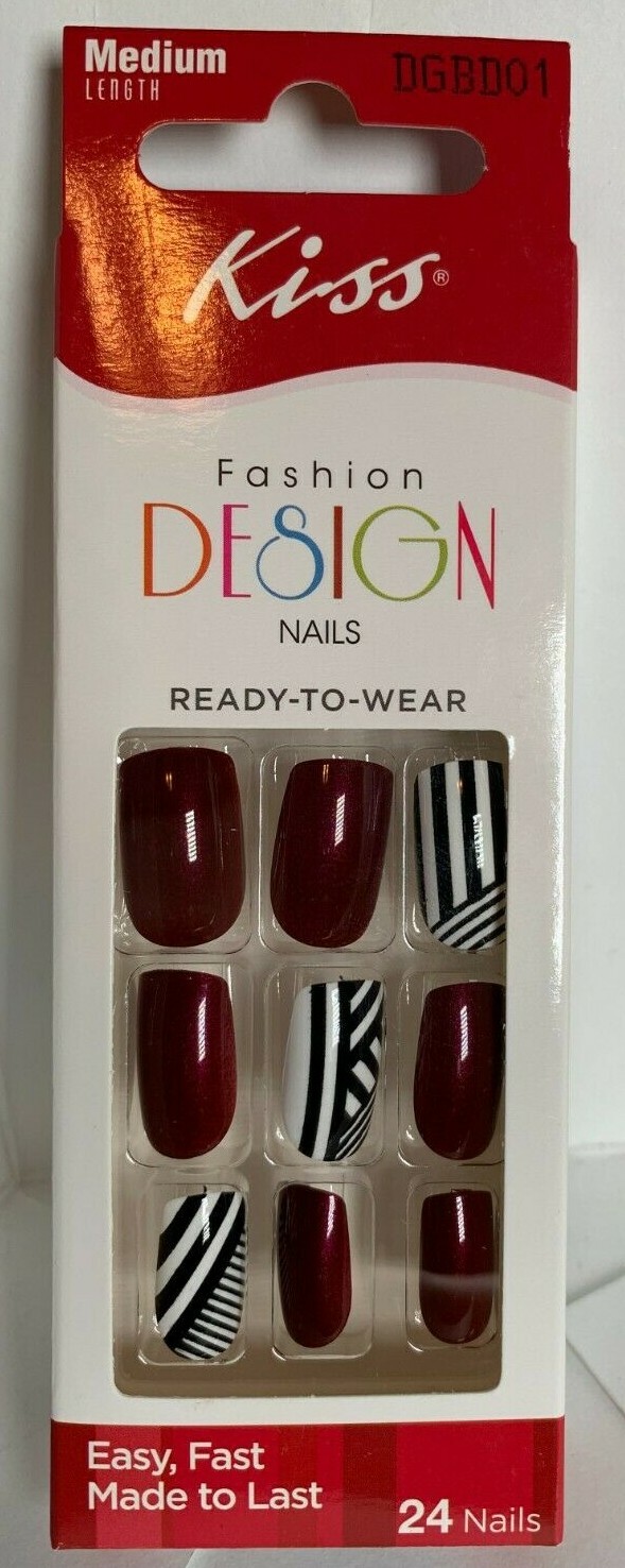 Kiss Glue On Nails Deep Red tips with Black and White pattern accent Medium
