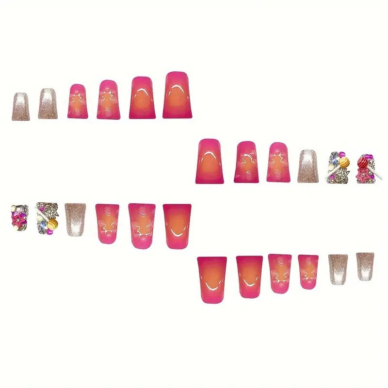 24pcs-Playful Press on Nail with 3D Lollipop Charms, Sparkle and Gradient Colors