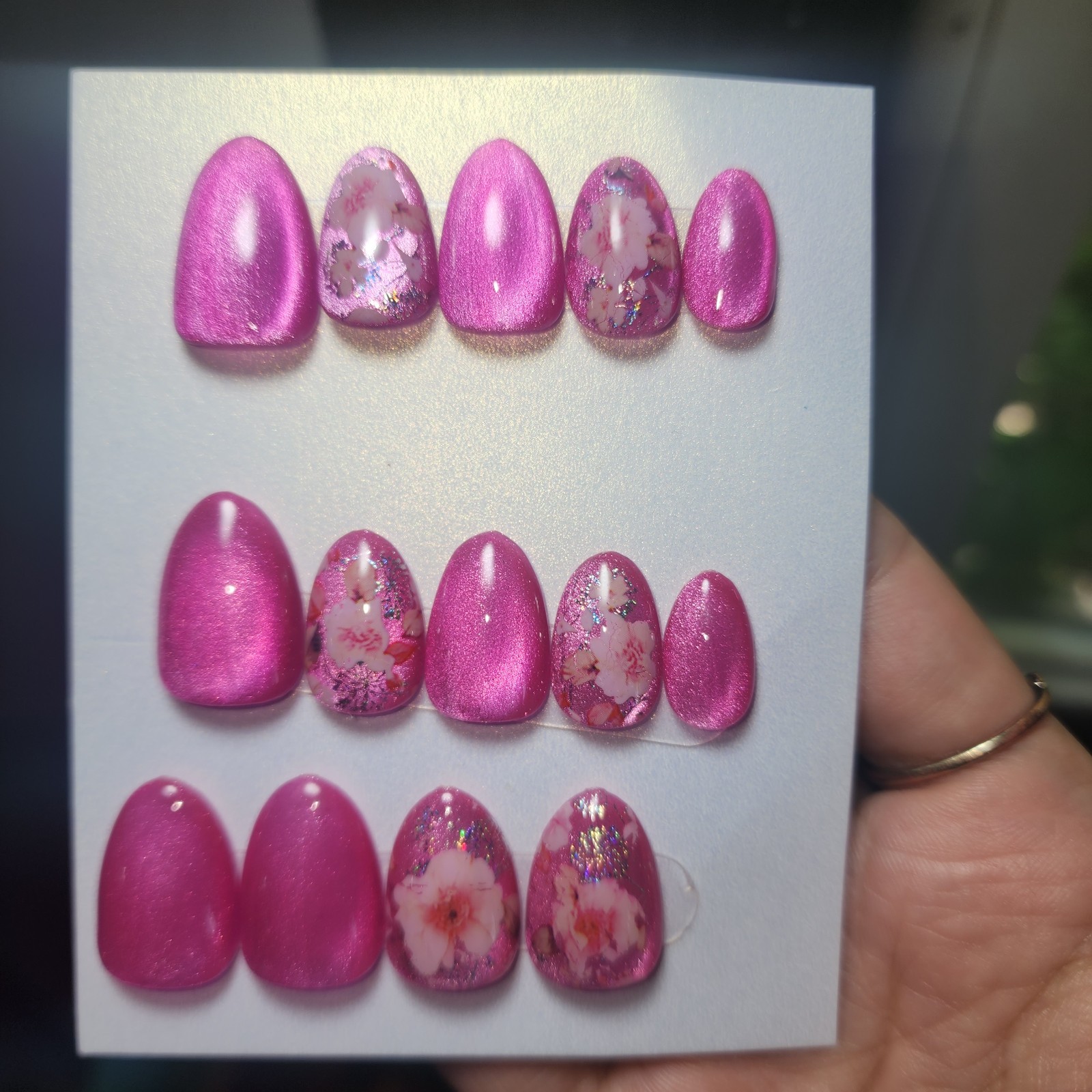 Handmade Reusable Extra Short Almond Pink Cateye Sakura Press On Nails