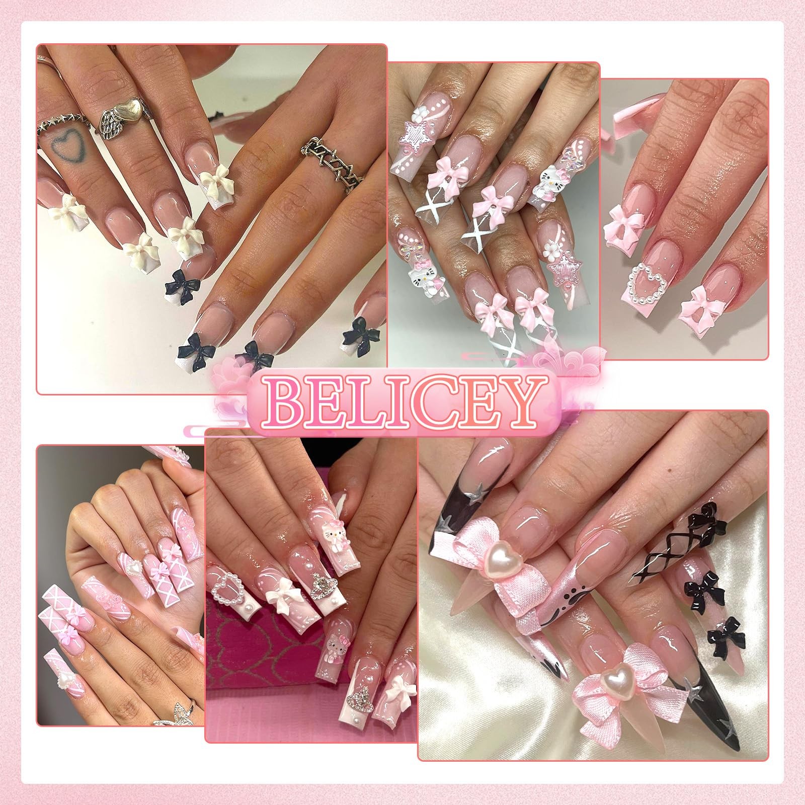 3D Bow Nail Charms 600PCS Nail Flowers Pink&White Flatback Pearls Beads Star Hea