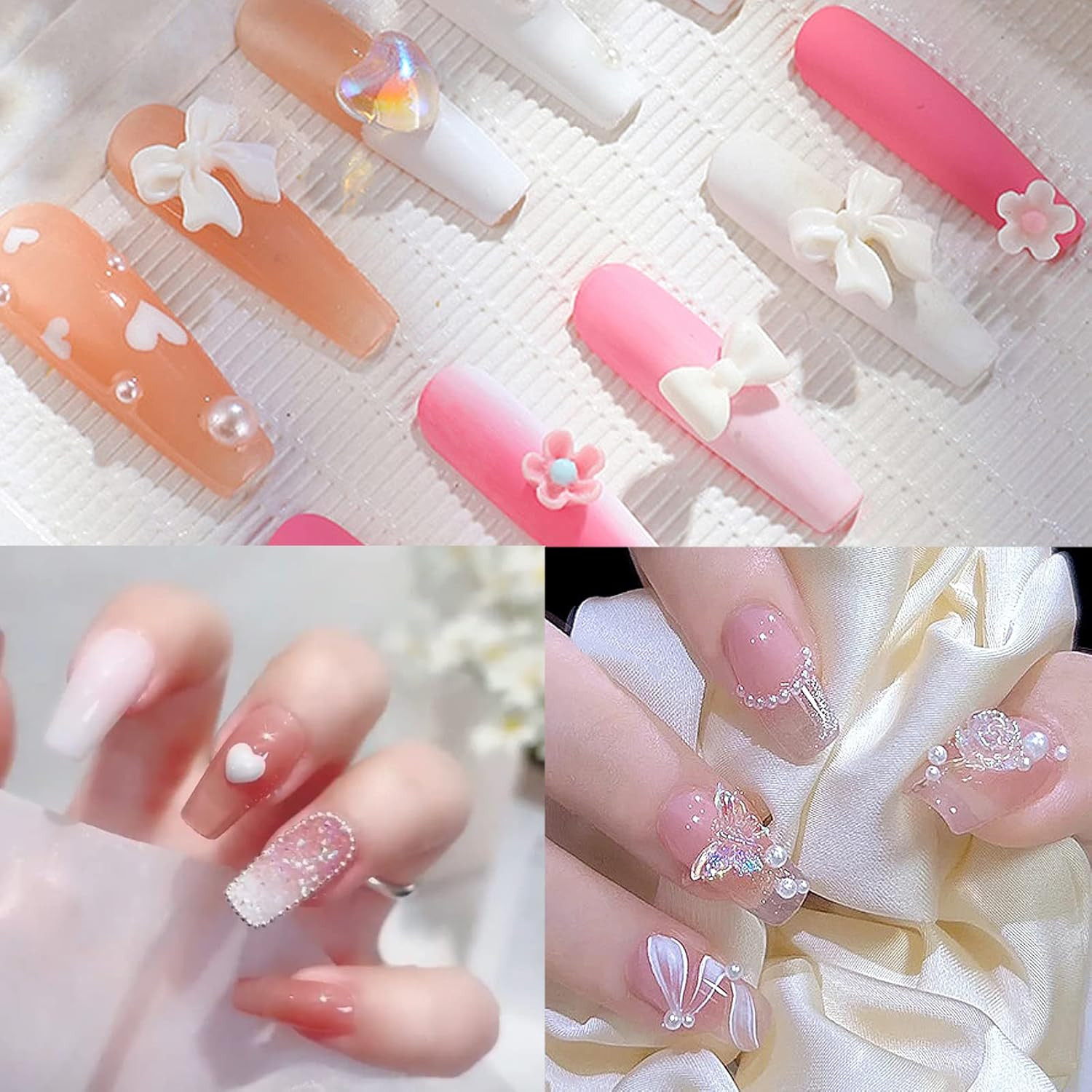 500 Pcs Assorted Pearls 3D Nail Charms Pink Color Multi Shapes Heart Flower Nail