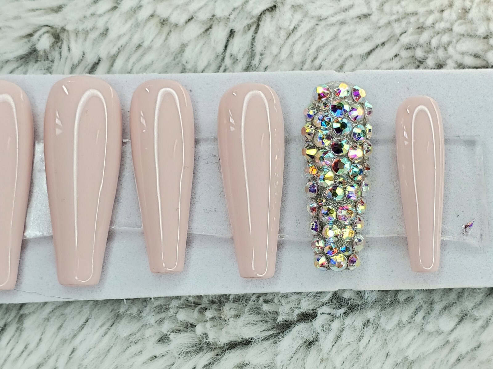 Rosy Nude bling press on nails tan neutral nude peach long tapered ballerina