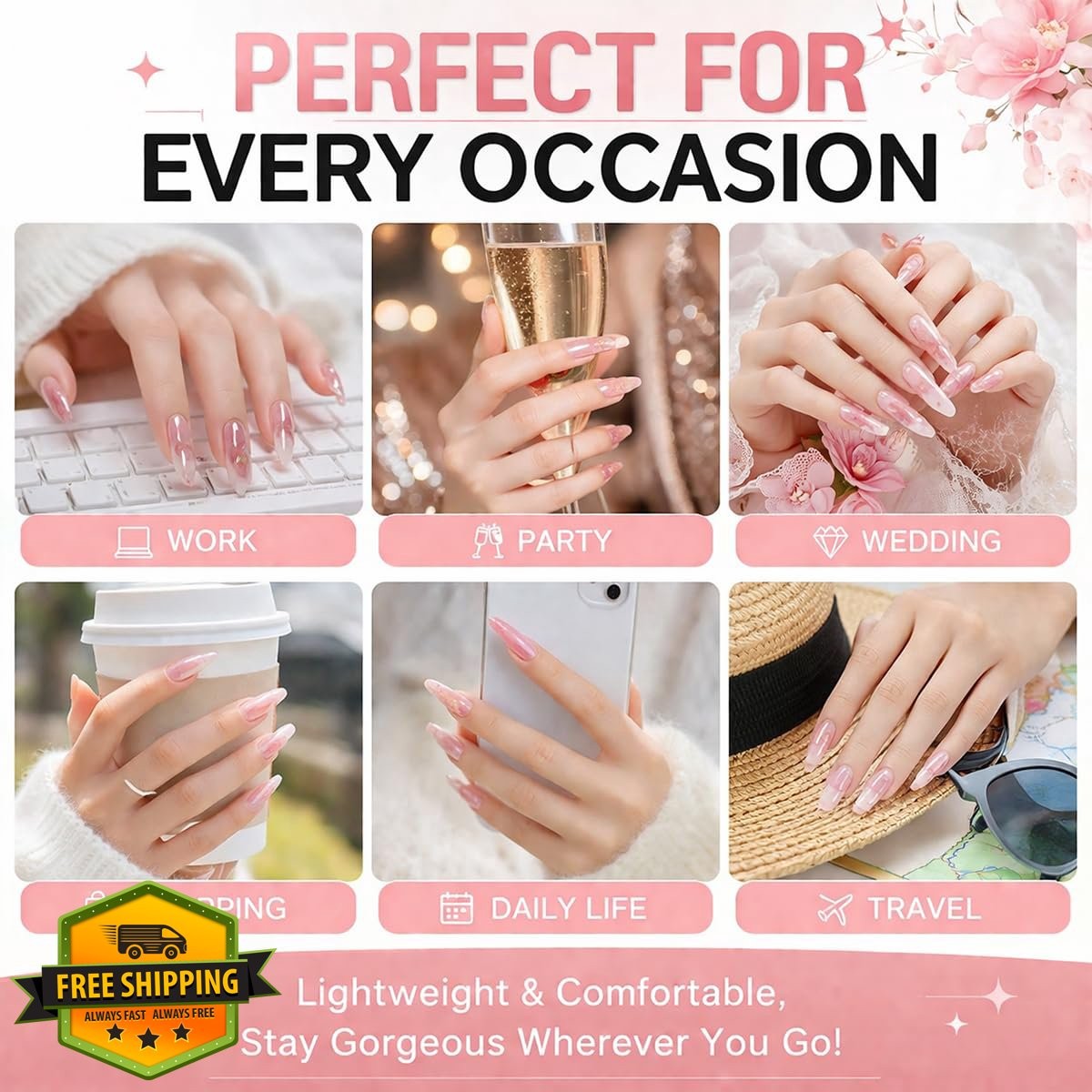 LRKNNO Pink Flower Press On Nails Medium Square French Tip