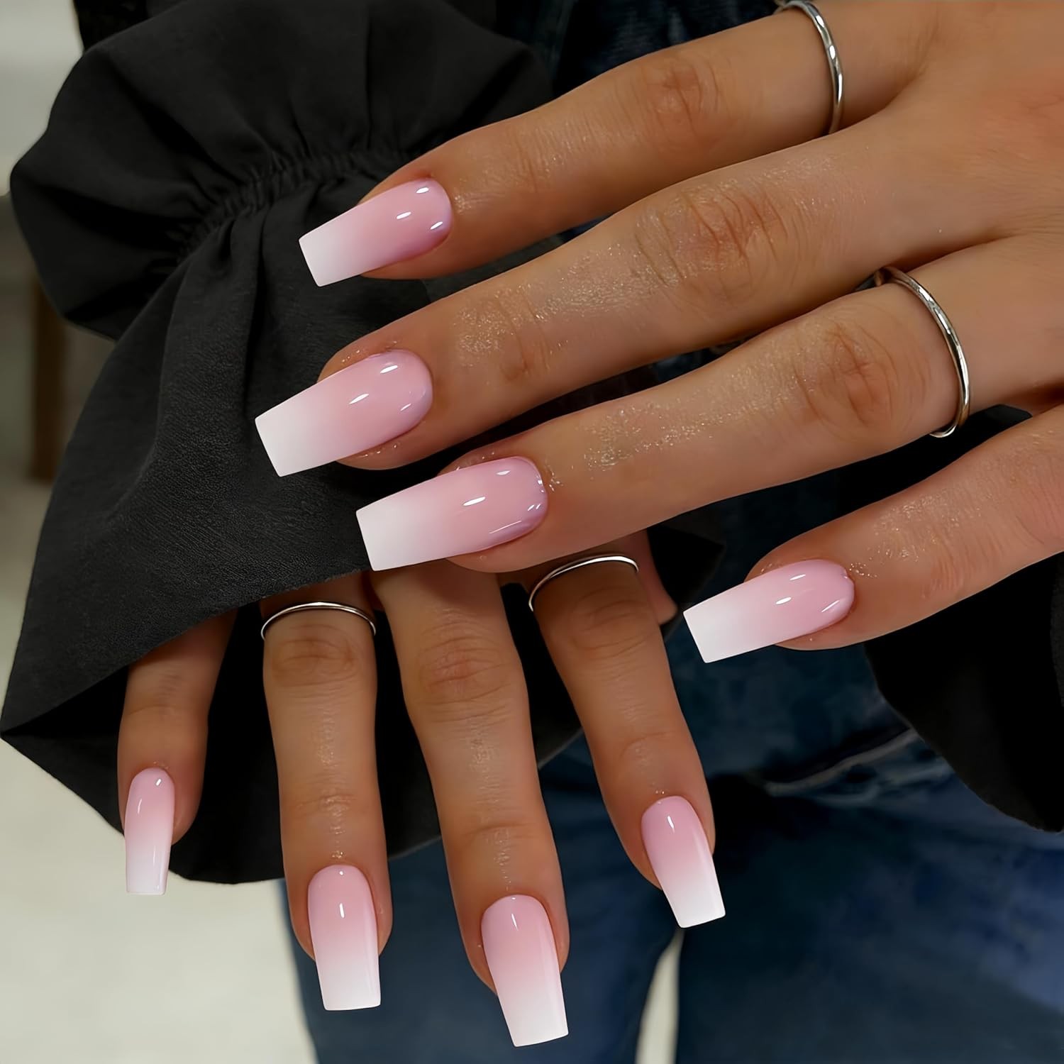 Square French Long Ombre Pink Press On Nails with Glue Set for Women