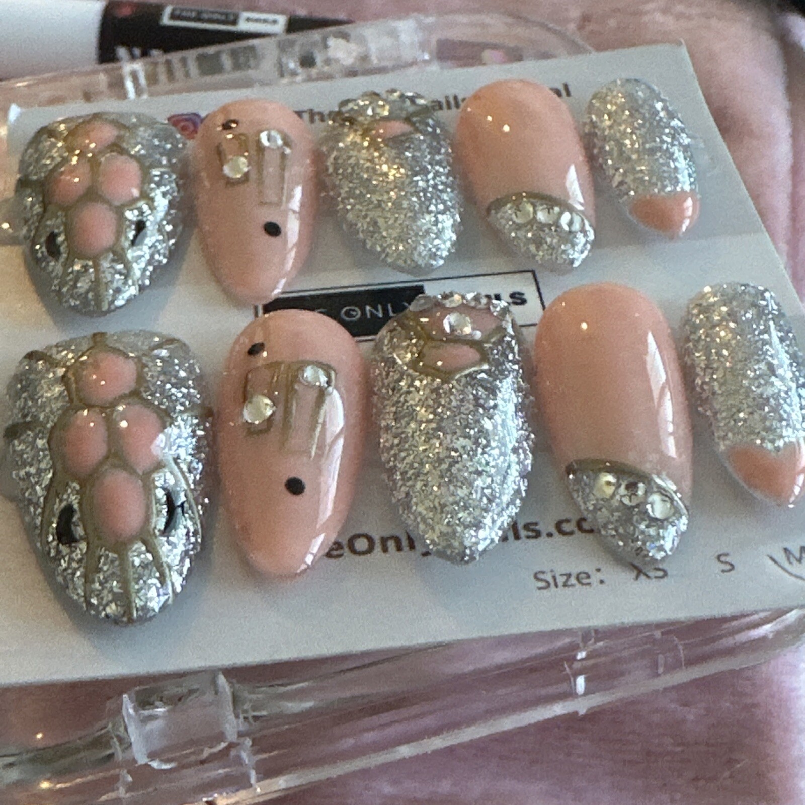 Handmade Acrylic & Gel Reusable Nails – Silver Glitter & Pink