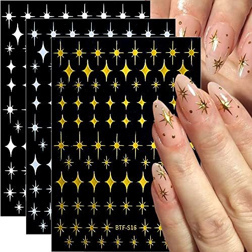 8 Sheet Shiny Gold Stars Nail Stickers Silver 3D Four-Pointed Star Nail