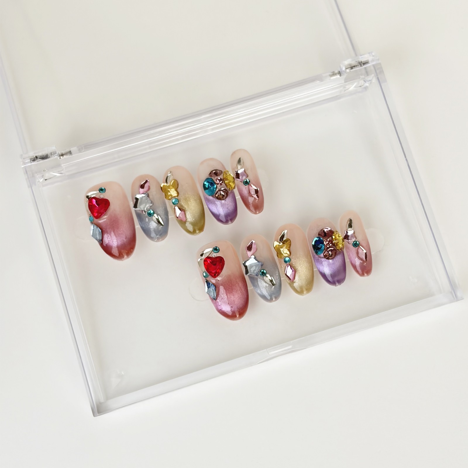 Rainbow Sugar Diamond Press-On Nails Medium Oval Sweet Cool Style Handmade Set
