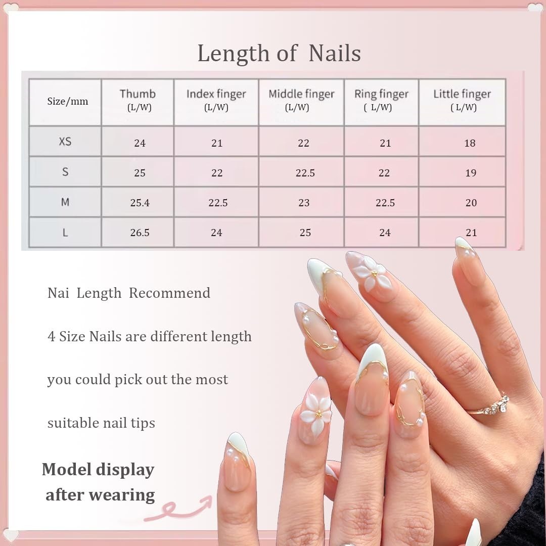 Handmade Almond Spring False Nails, 3D Floral & Pearl Design