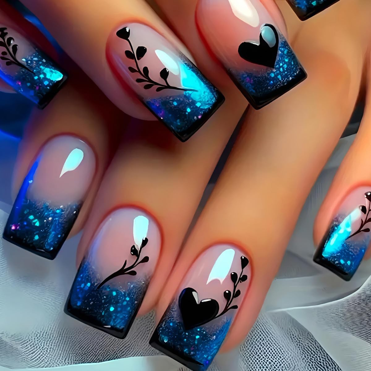24 Pcs Blue Gradient French Tip Press on Nails Short Square Shaped False Q11