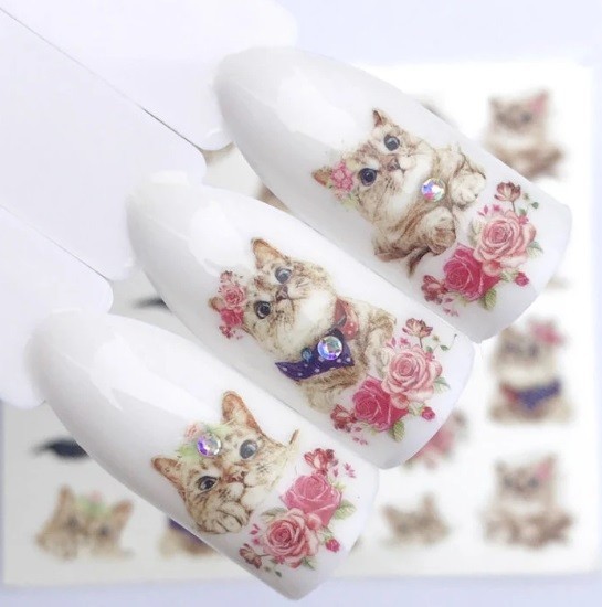 Nail Art Water Decals Spring Cute Kitty Cats Cat Flowers Roses Cats (Group 1)