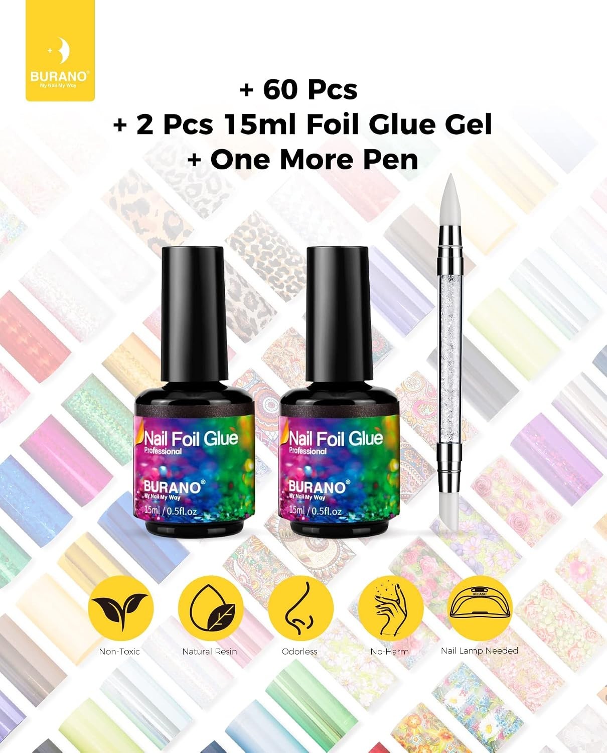 Nail Art Foil Glue Gel, 5ML 2 Bottles with 60PCS Foils Sticker, Nails Designe…