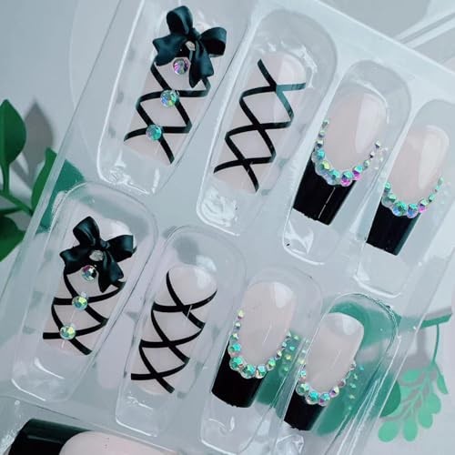 Black French Tip Press on Nails Medium Long Rhinestone Bow Diamond Colorful -12