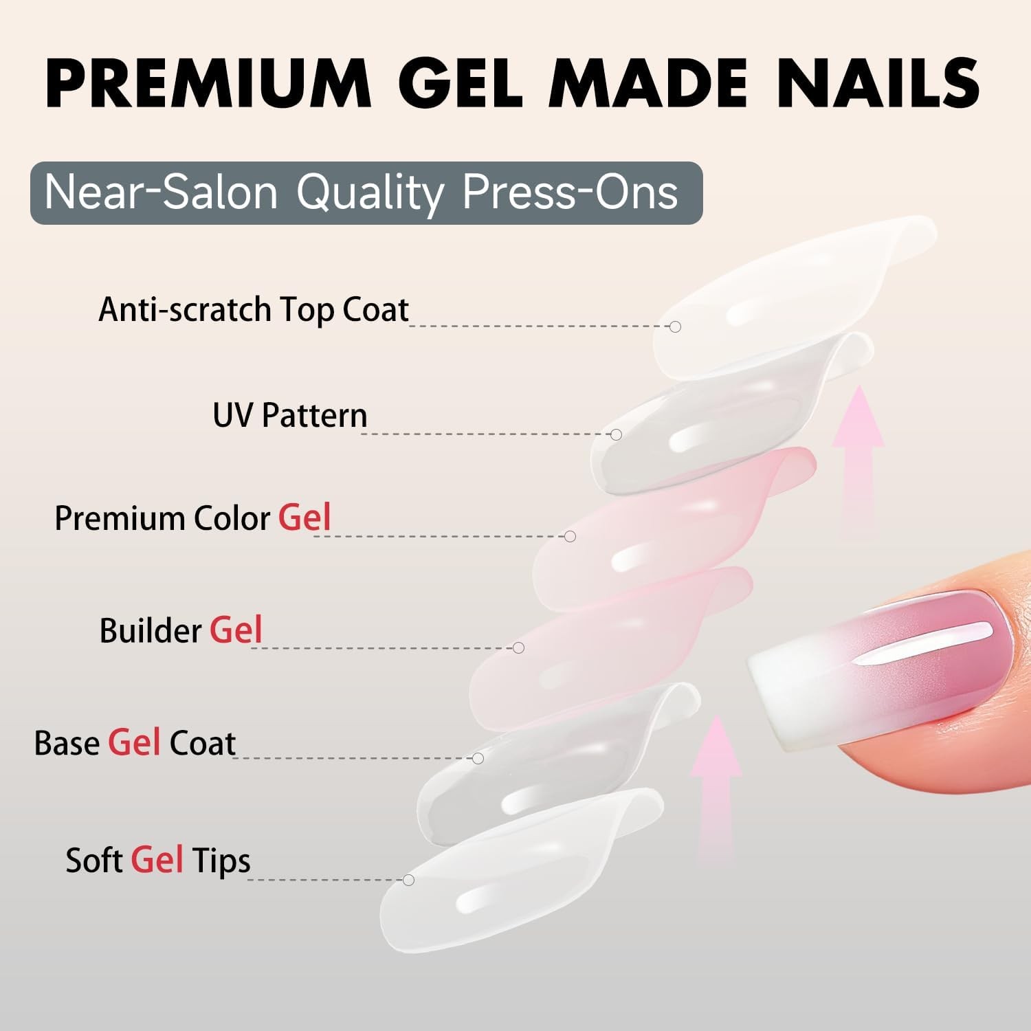 Square French Long Ombre Pink Press On Nails with Glue Set for Women