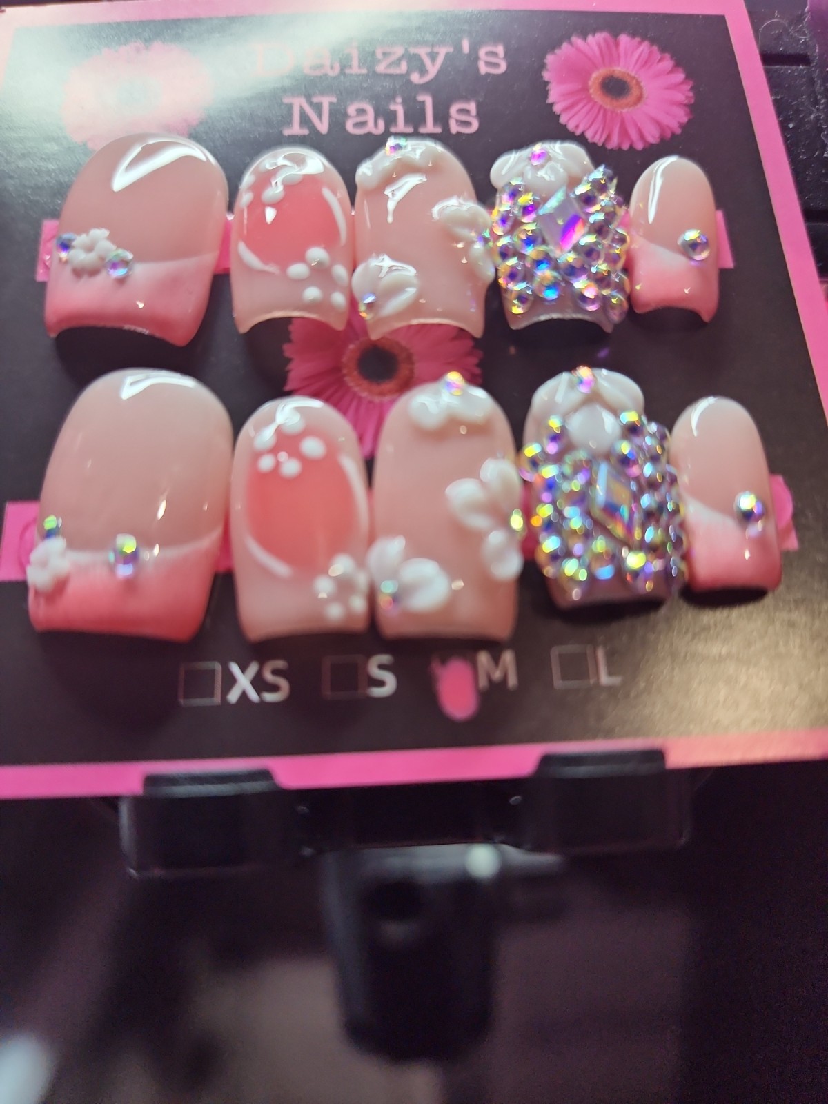 Medium Size Press-on Nail 10Pc Set Handmade Squoval Pink 3D Bling 2.0 Cm Length