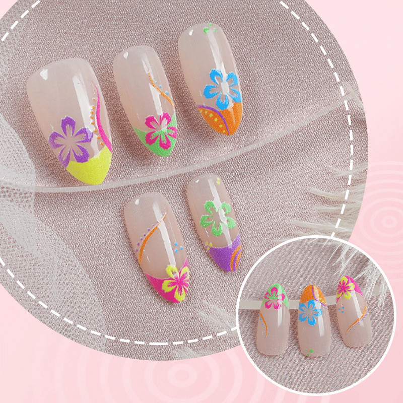 60pcs Stiletto Press on Nails, Bright Neon Tropical Flower Nail Prints