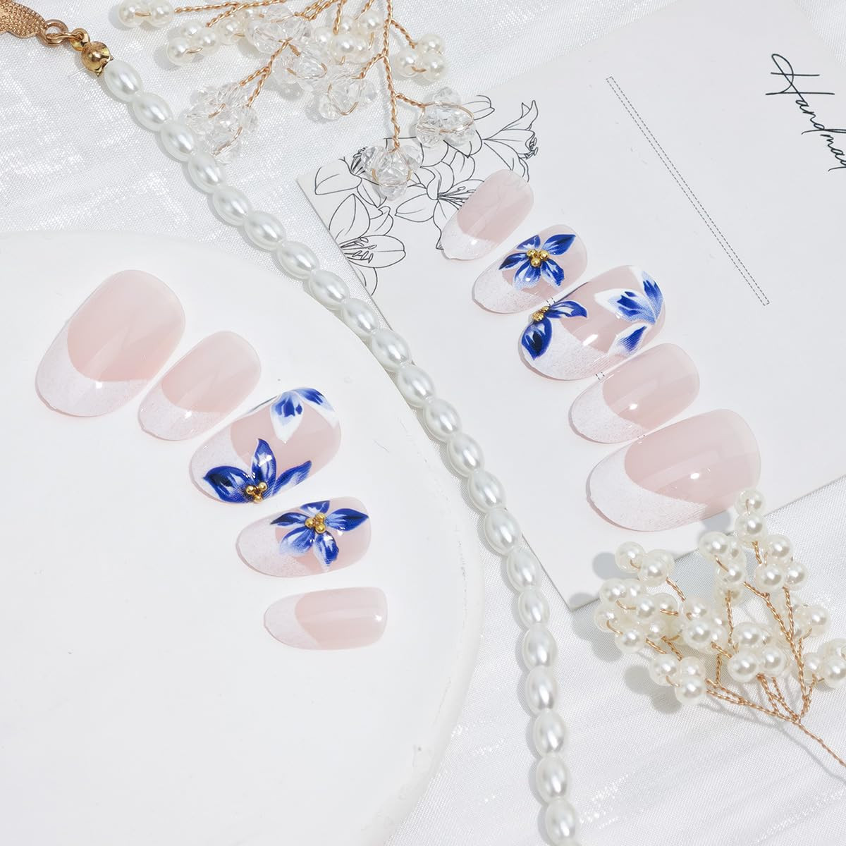 24Pcs Blue Flower Press on Nails Medium Almond Fake Nails with 3D Gold Rhineston