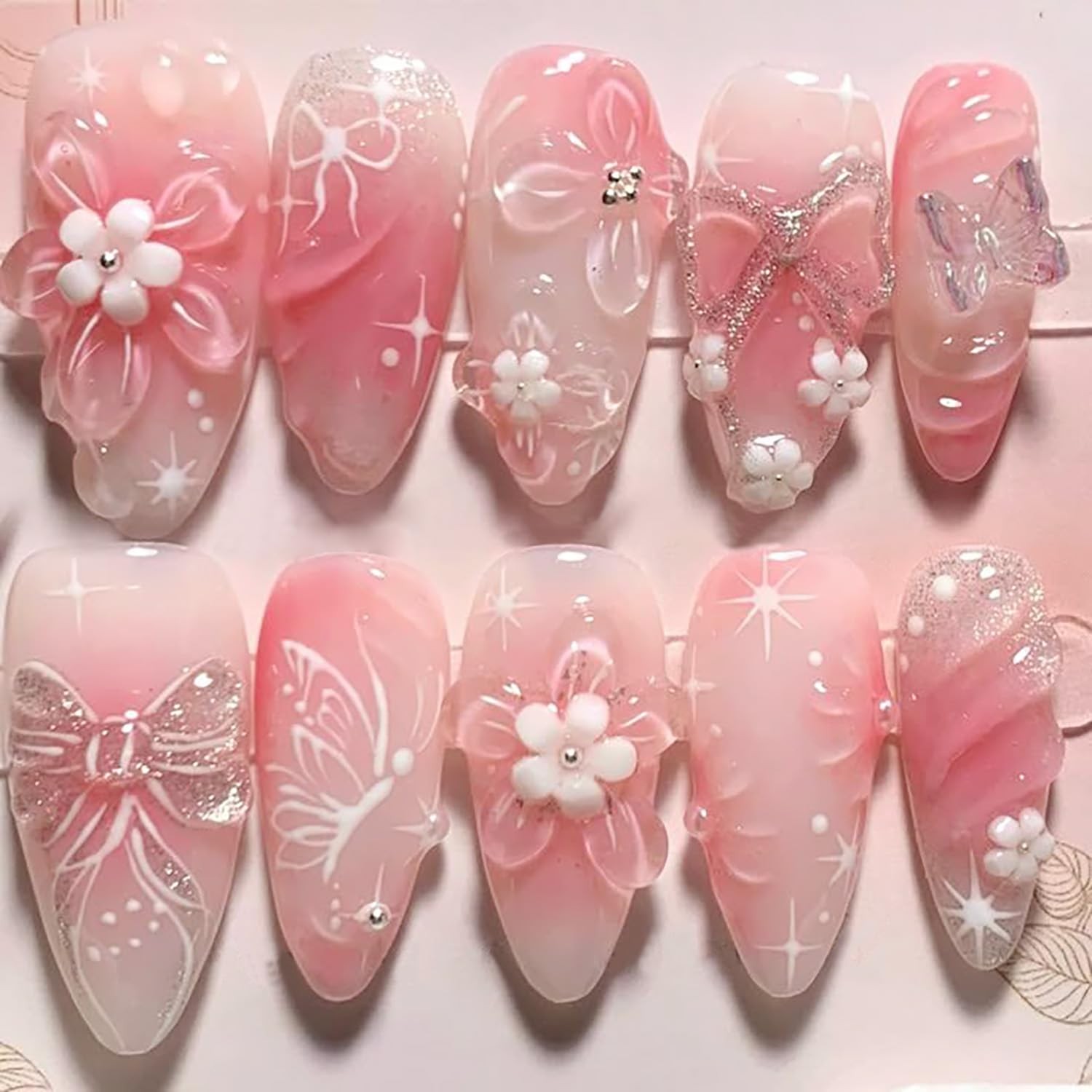 24Pcs Flower Press on Nails Medium Almond Fake 3D Almond, Pink