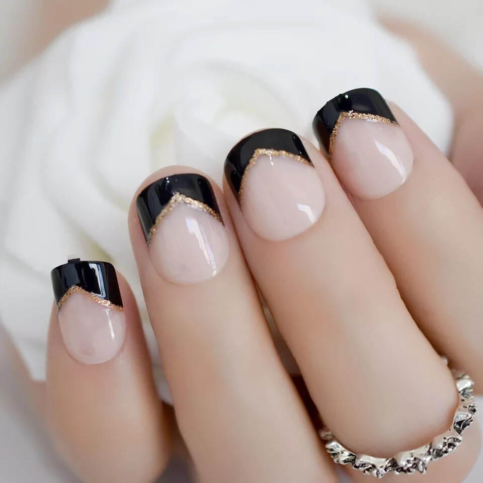 24 Short Press on nails kit w/ glue black tip french mani gold glitter line
