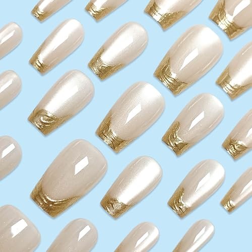 Medium Press on Nails Gold French Tip Fake Nails Cat Eye Medium Style-Z5Z11