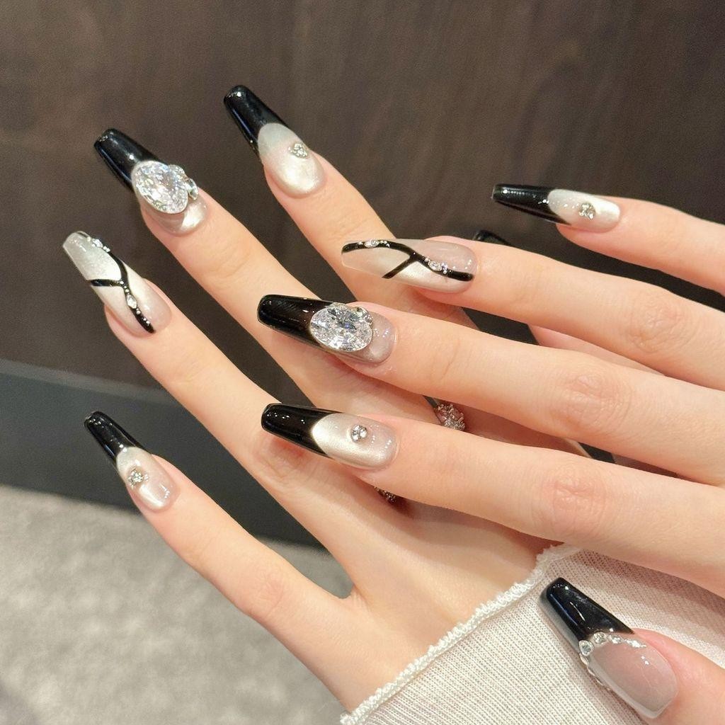 Handmade Fake Nail French Shinny Black Cat Eye 3D Diamond Luxury Press On Nail