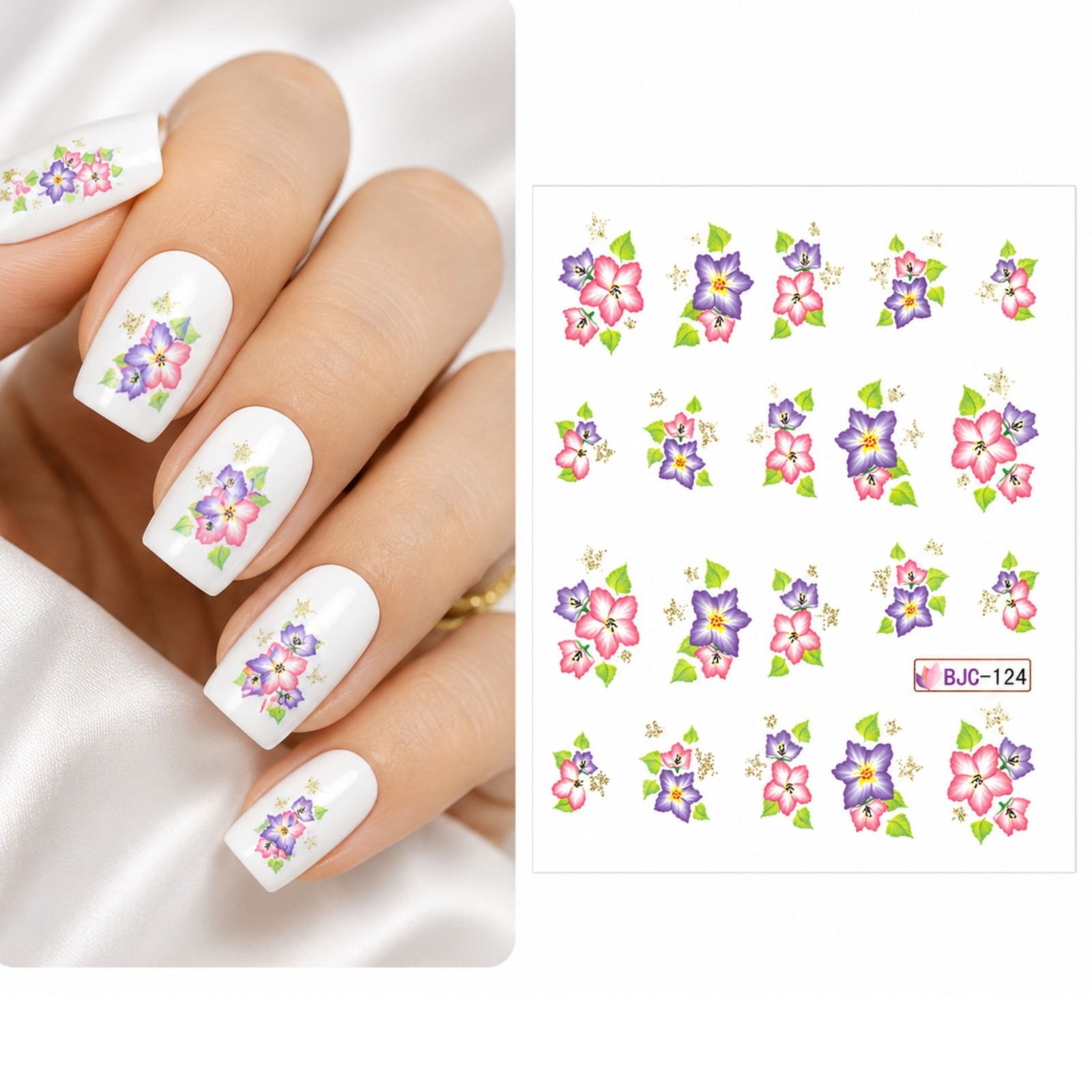 pink nail stickers, purple flower decals, floral nail art, blossom nails, spring