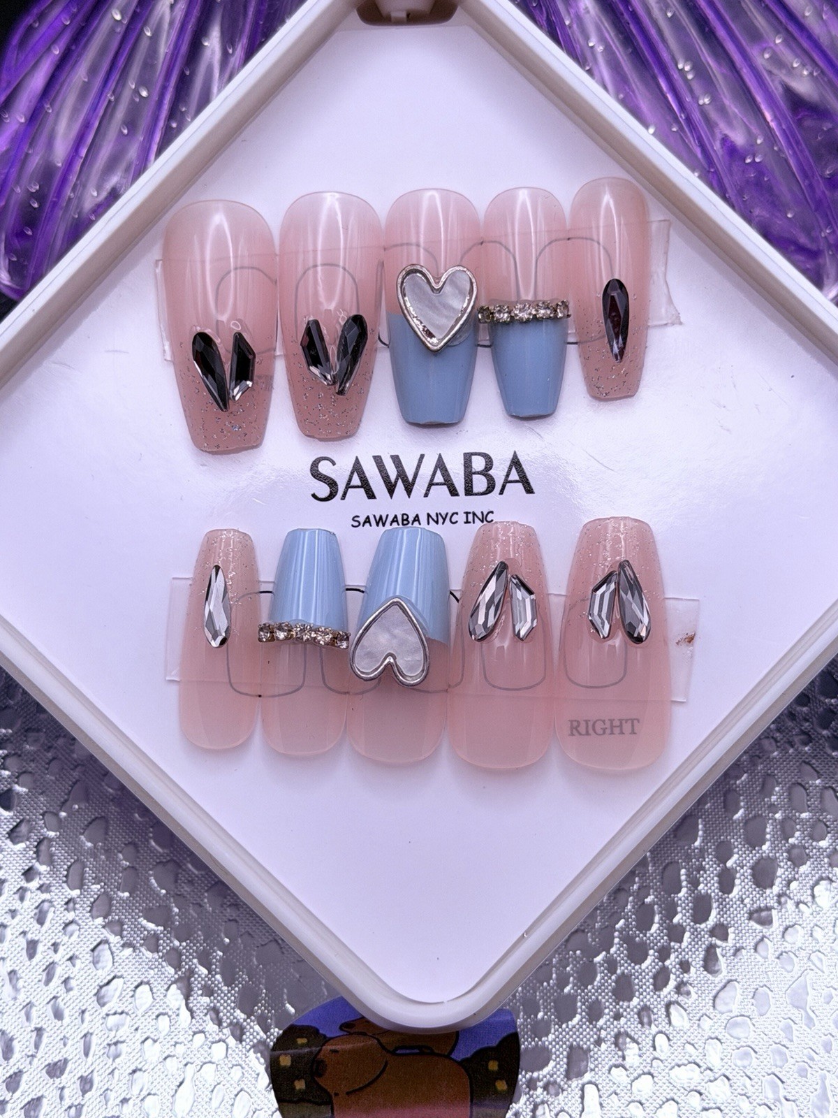24 PCs Handmade Medium Length Coffin Nails Nude Pink Blue French, 3D Heart Charm