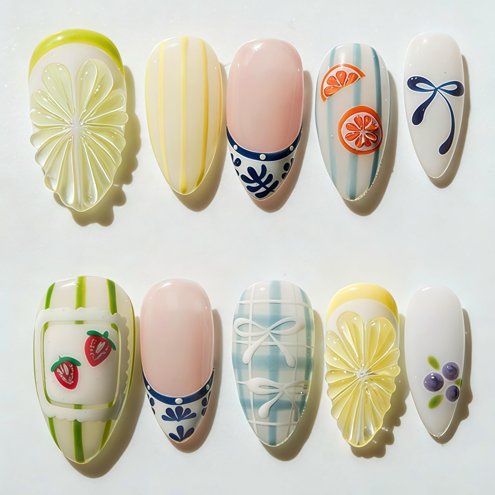 Summer Lemon Press on Nails Medium Almond Fake 2.5*2.5*0.3, Multicolor