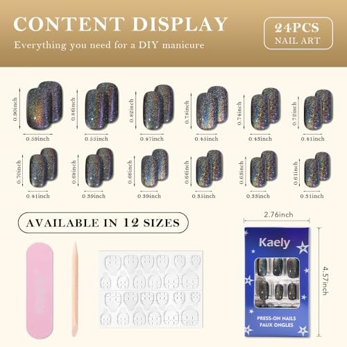 evpct Black Chrome Metallic Cat Eye Press On Nails, Reusable Stick On Nails for