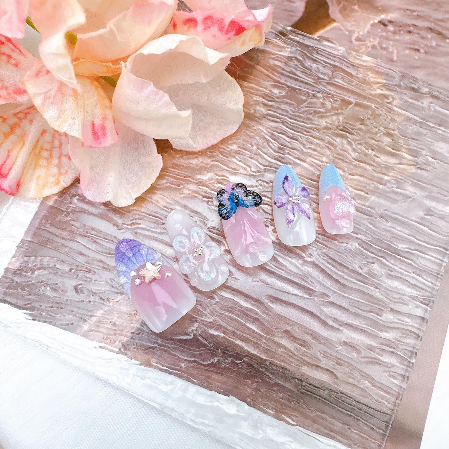 30Pcs Spring Butterfly Press on Nails Medium Almond Purple French Tip Fake Na…
