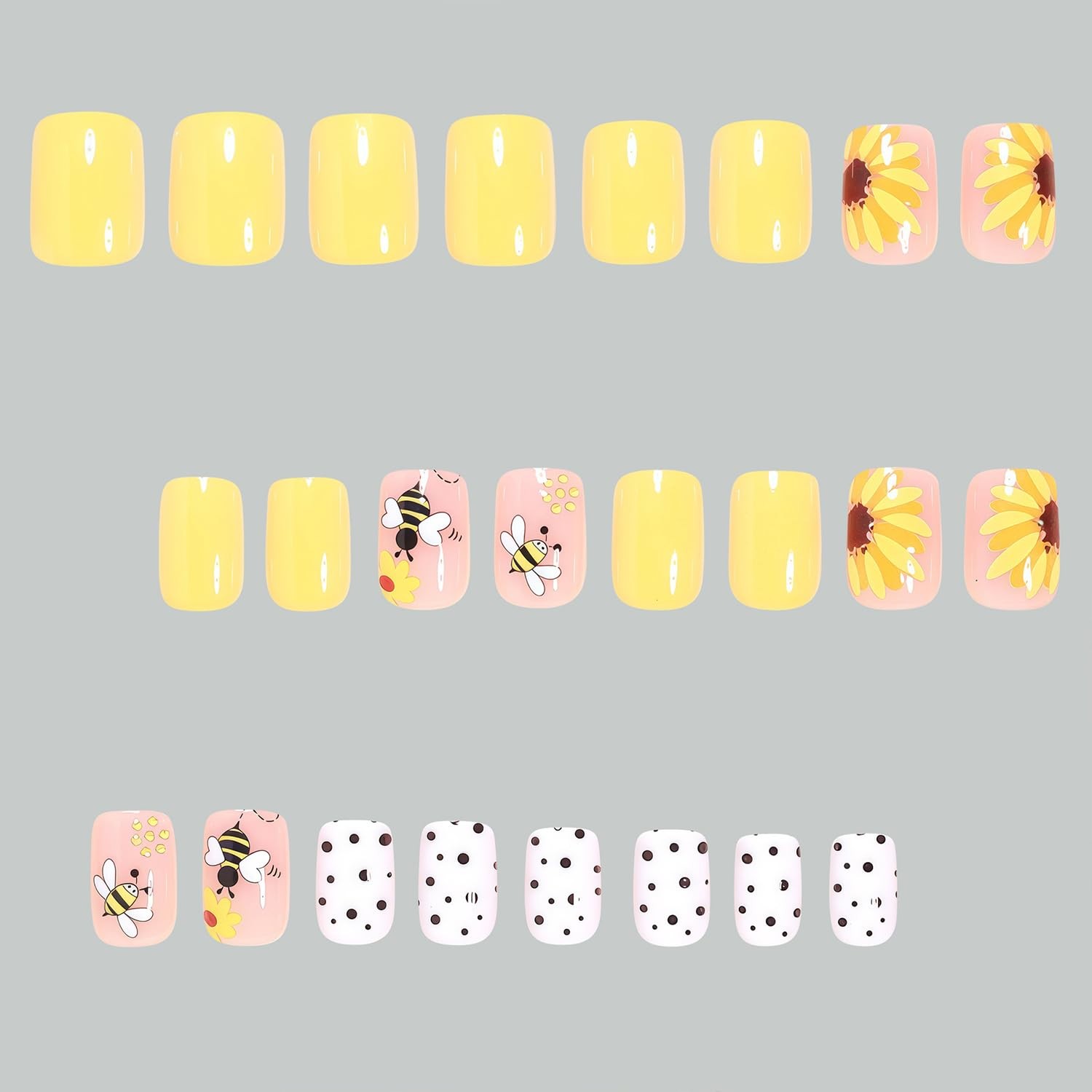 LWTZLW Summer Sunflower Press on Nails Medium Square False Nails Cute Bee Pol…