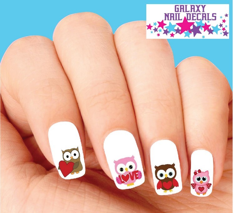 Waterslide Owl Nail Decals – Set of 20 Valentines Day Owls Hearts Love Assorted