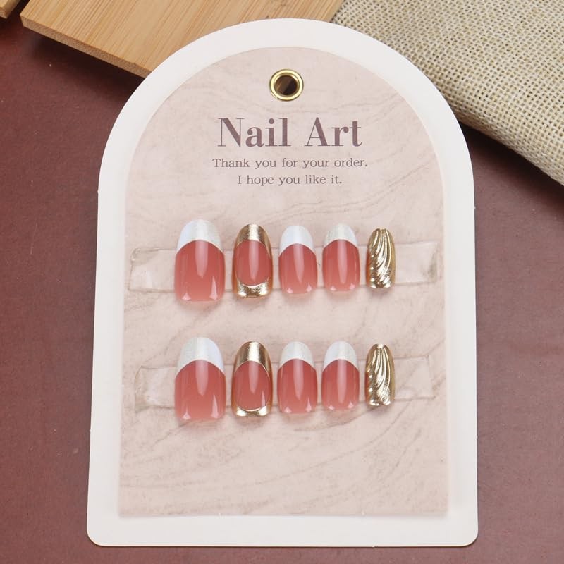 24Pcs White French Tip Press on Nails Short Round Fake Nails Circle Gilding E…
