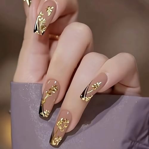 Press on Nails Square Fake Nails Gold Rose Flowers Acrylic Nails Medium Style 9