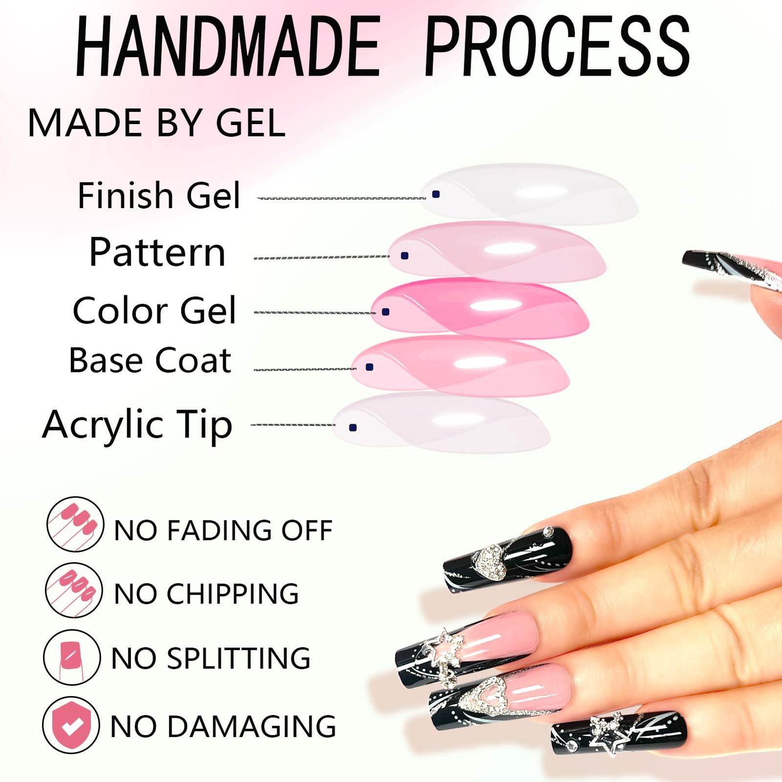 Long Press on Nails Black French Tip Long Fake Nail Coffin Press on Nails Squ…
