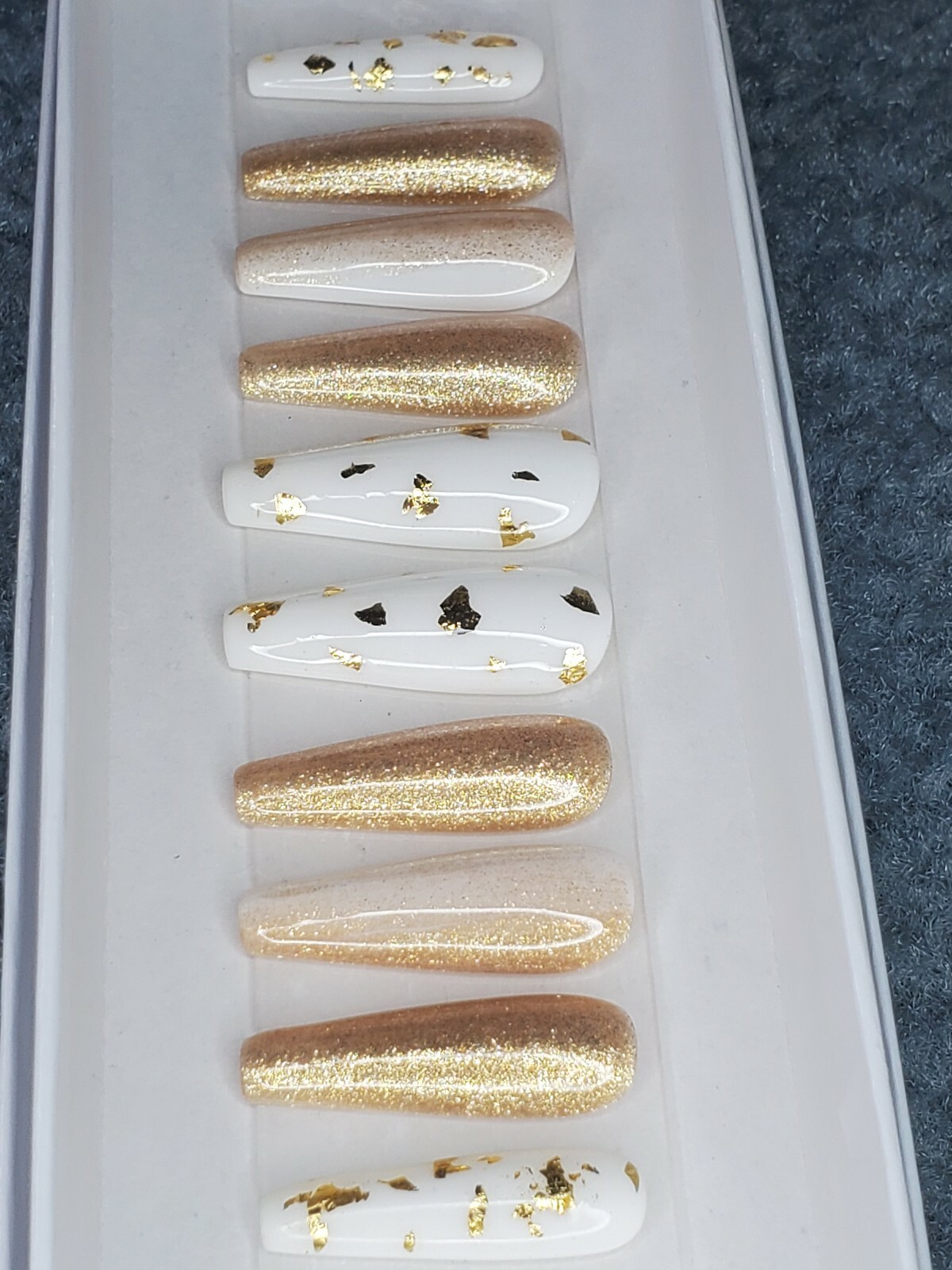 White & Gold flakes chrome metallic Bling glitter ombre press on nails long nail