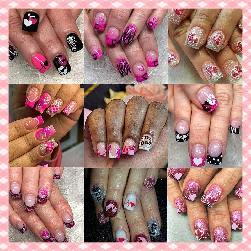 216 Pink Rose 3D Heart Shaped Nails – Removable and Reusable Fake Nail Art