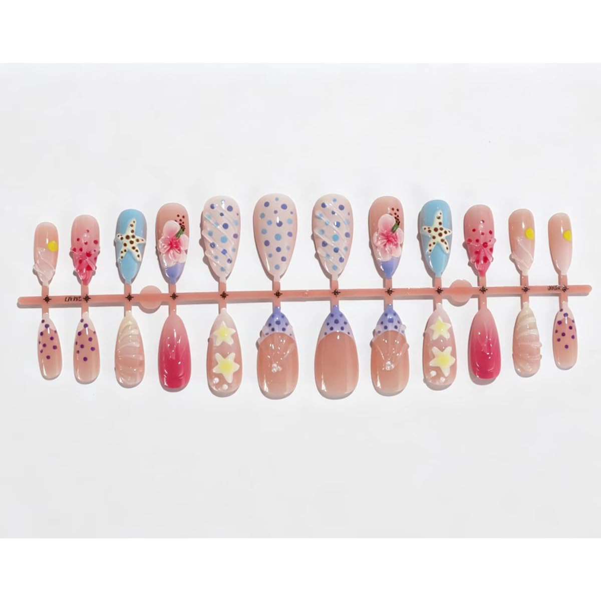 3D Summer Press on Nails Medium Almond Beach Fake Nails Gold Shell Jellyfish Oce